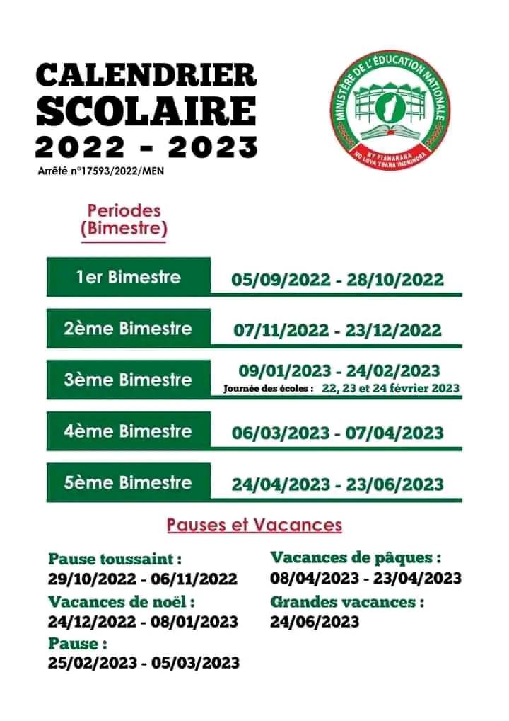 CALENDRIER SCOLAIRE 2022 2023
